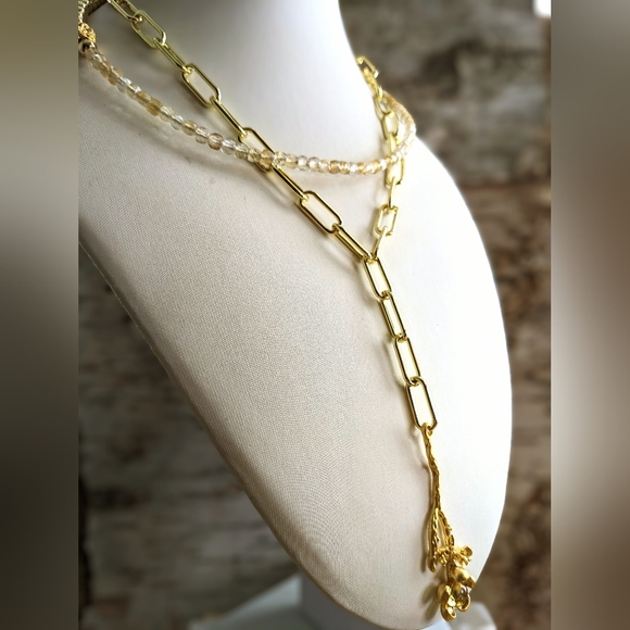 Natural Citrine And Gold Beads In Long Two Strand Gold Paperclip Necklace - Picture 5 of 12